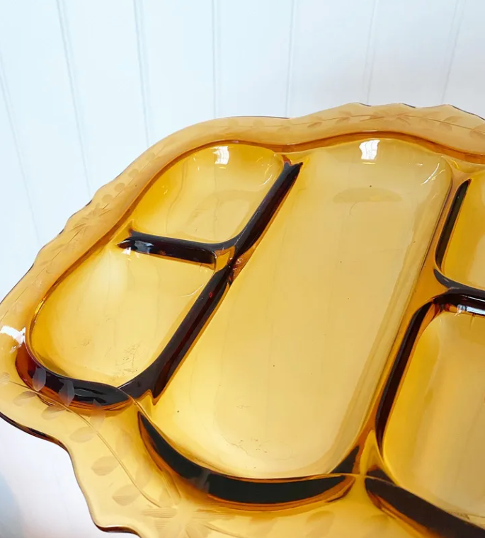 Vintage Etched Glass Amber Tray