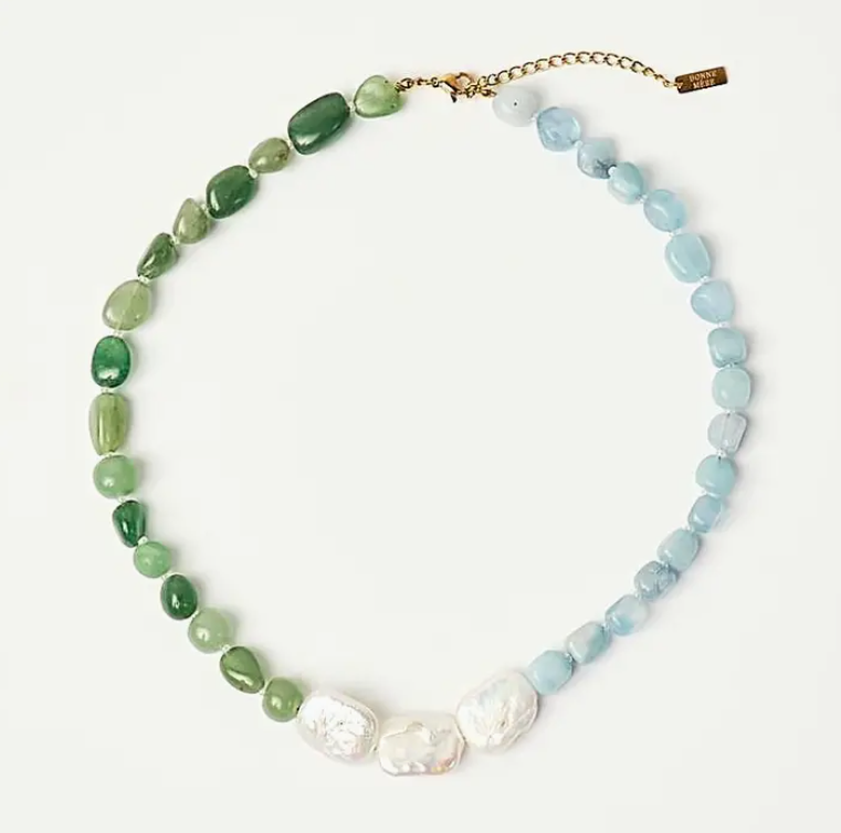 Aquamarine and green aventurine with Pearl Necklace