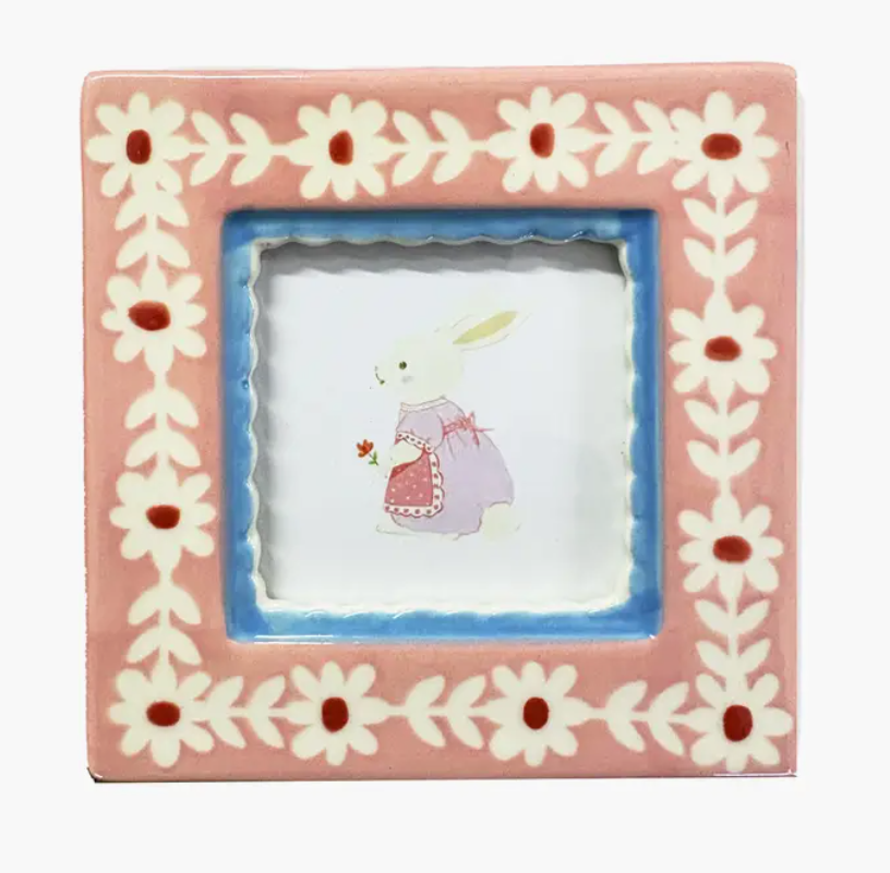 Ceramic Hand Painted Photo Frame, pink with white flowers