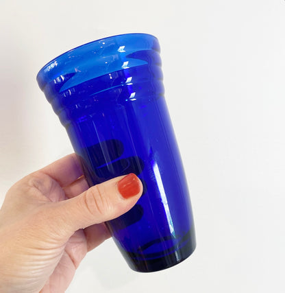 Vintage Cobalt Blue Water Glasses with Ribbed Rim