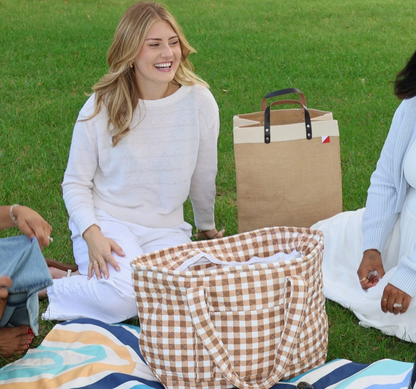 Quilted Oversized Gingham Tote with Zipper