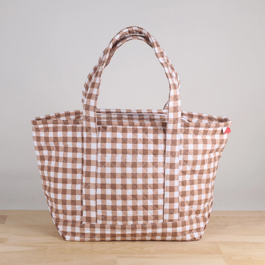 Quilted Oversized Gingham Tote with Zipper