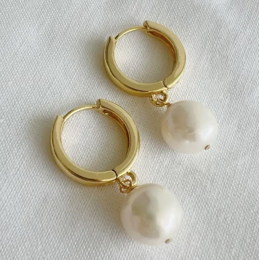 Pearl Drop Hoop Earrings Gold Filled