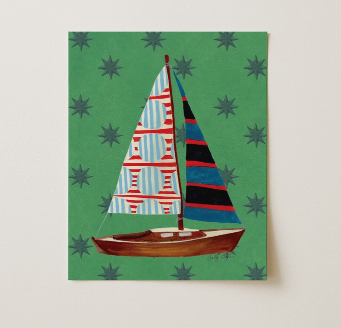 Nautical Green Stars Sailboat Art Print