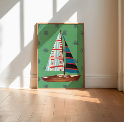 Nautical Green Stars Sailboat Art Print