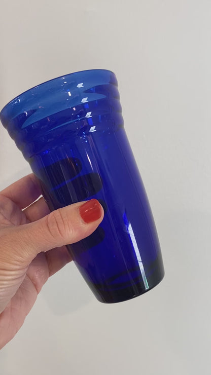 Vintage Cobalt Blue Water Glasses with Ribbed Rim